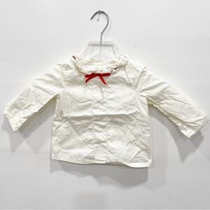 Janie And Jack Ruffle Neckline Ribbon Detail White Blouse Long Sleeve Cotton